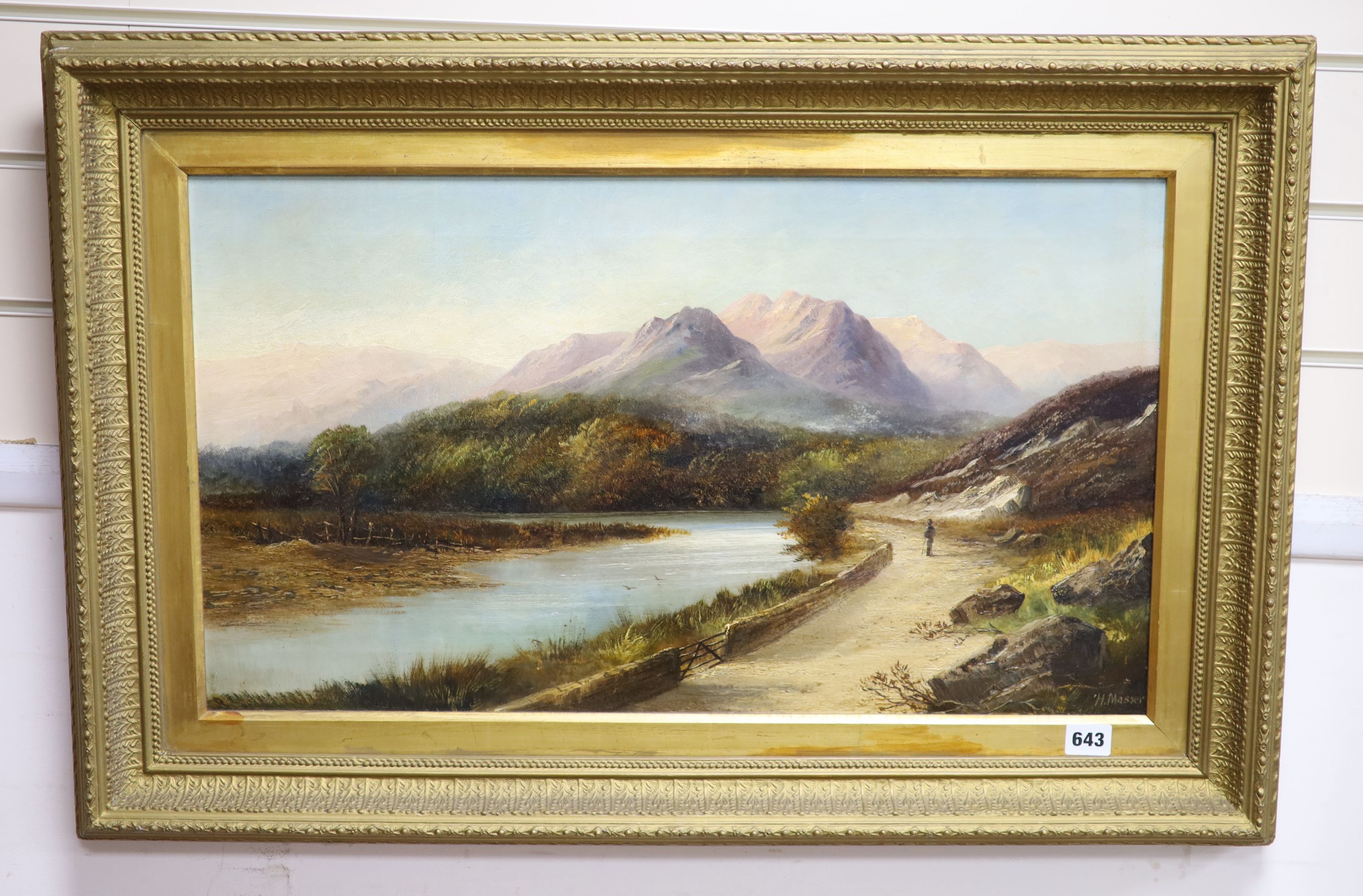 H. Masser (19th C.), oil on canvas, Mountain landscape with figure overlooking a river, signed, 37 x 65cm